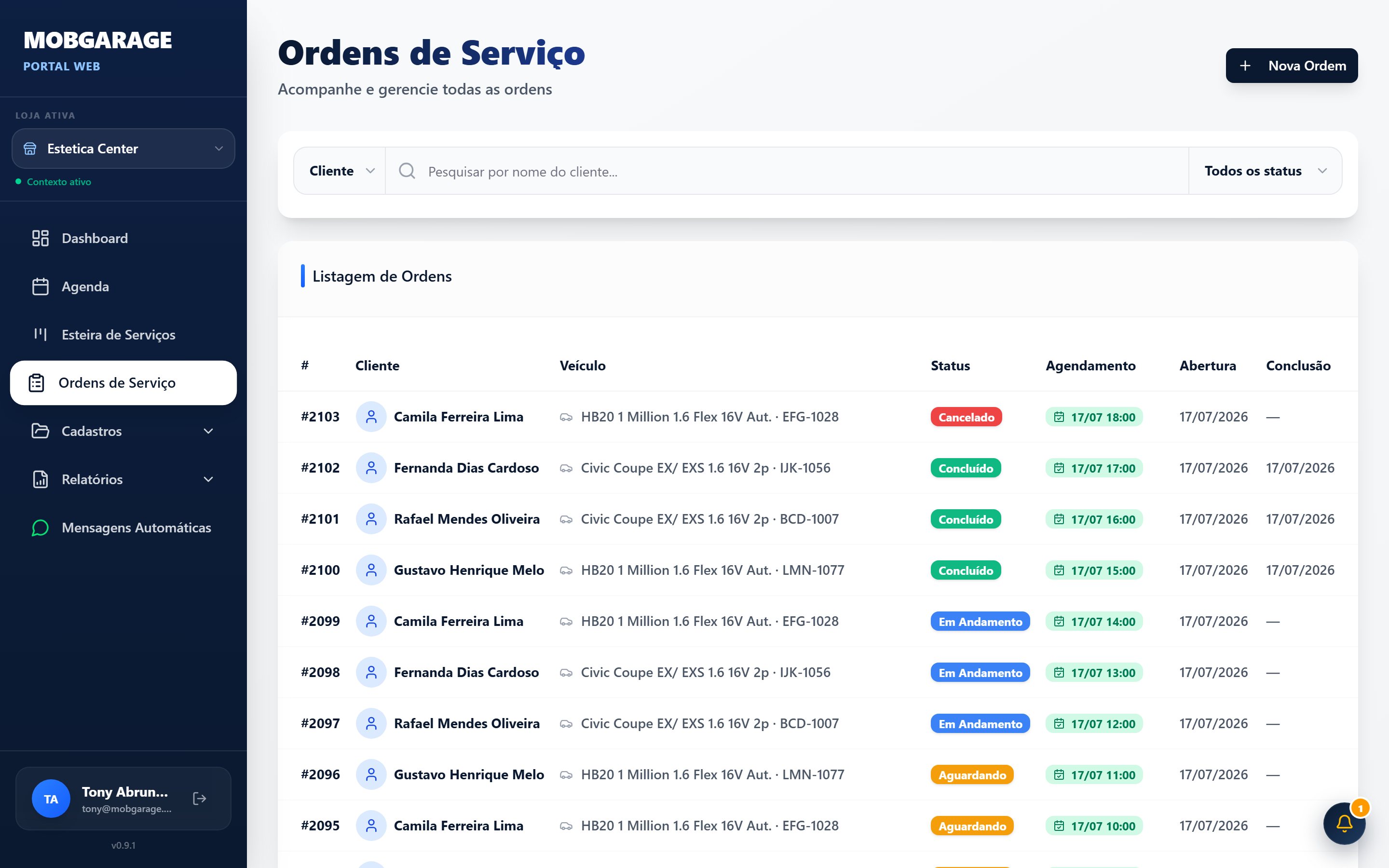 Listagem de ordens de serviço com cliente, veículo e status